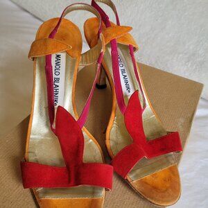 Manolo Blahnik strappy heeled suede sandals in size 36, in good condition.